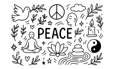 Peaceful symbols in minimalist doodle style featuring yoga, meditation, and harmony elements