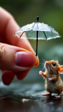 Tiny Mouse Reaching for a Miniature Umbrella Held by a Human Hand on a Rainy Day with Water Droplets
