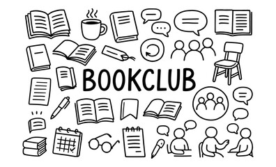 Doodle book club elements with books, coffee, and conversations