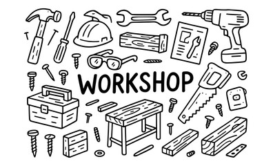 Hand-drawn workshop tools and accessories in doodle style