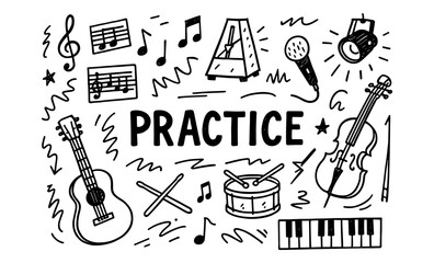Music practice doodle art with instruments and notes in black and white