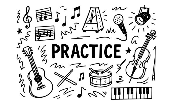 Music practice doodle art with instruments and notes in black and white