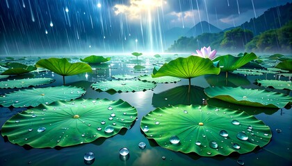 Lotus pond in rain, vibrant nature scene