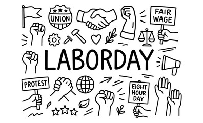 Labor day celebration icons: union, fair wages, and workers' rights