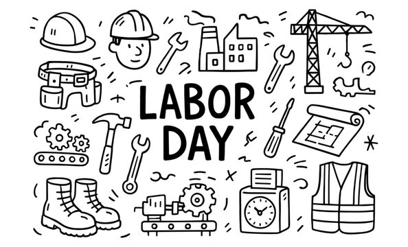 Labor day doodle set with tools, hard hat, and construction themes in black and white
