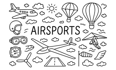 Hand drawn air sports icons with glider, parachute, and airplane in sky theme