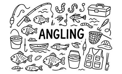 Fishing essentials doodle collection: rods, fish, and gear
