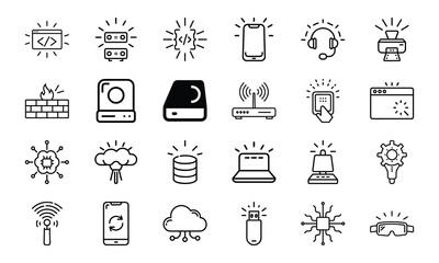 Technology and IT Line Icons Set with Light Up Effect – Coding, Cloud, Networking, Cybersecurity, AI, Server, and Device Interface Symbols on White Background