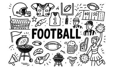 Doodle icons of american football elements for sports enthusiasts and events