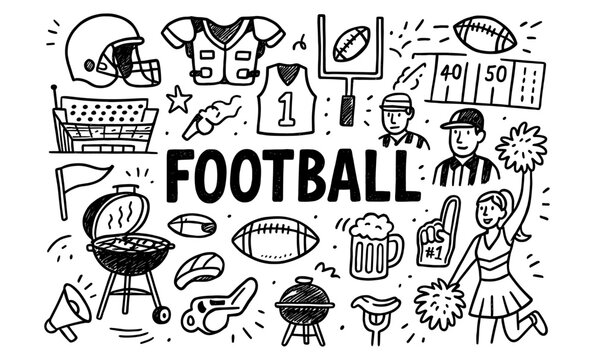 Doodle icons of american football elements for sports enthusiasts and events - Powered by Adobe