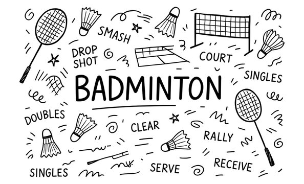 Hand drawn badminton elements with doodles of racket, shuttlecock, and court - Powered by Adobe