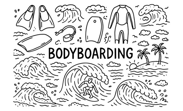 Black and white doodle of bodyboarding elements and ocean waves
