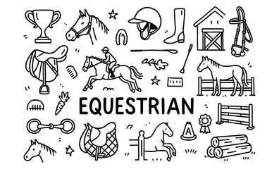 Equestrian doodle set with horse rider, tack, and gear elements in line art
