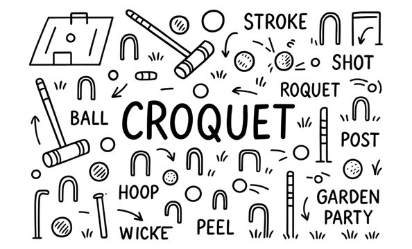 Doodle style croquet game elements with mallets and hoops