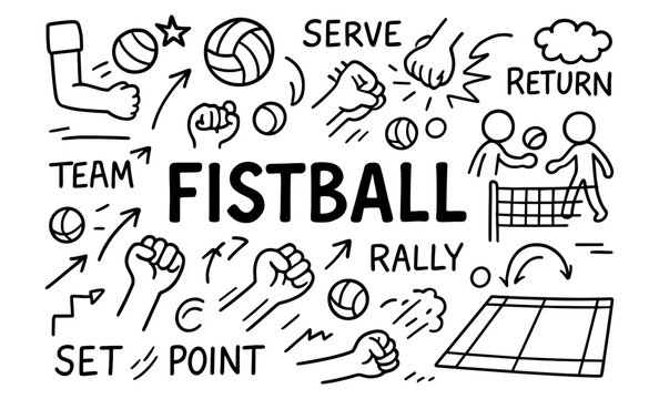 Hand-drawn fistball sketch: fun elements and dynamic action in sport doodles