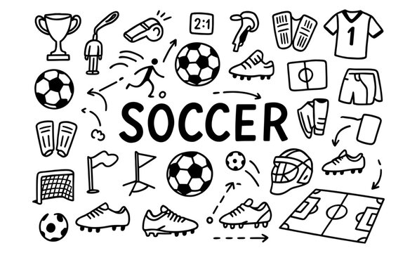 Hand-drawn soccer doodles with equipment and action elements