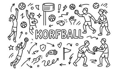 Obraz premium Linear korfball design with dynamic players and play elements in black and white