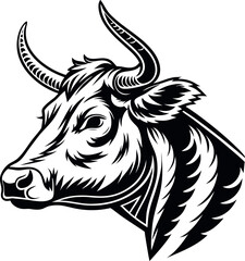 Obraz premium Black vector cow head icon, detailed horns and ears, silhouette style.