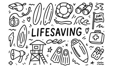 Doodle style lifesaving elements with surf and rescue icons