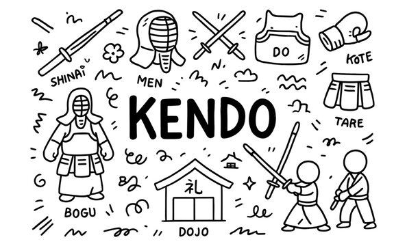 Kendo practice elements in doodle style with equipment and techniques
