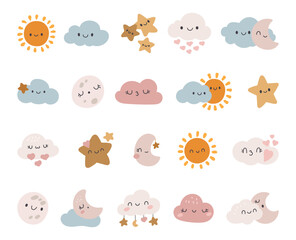 Weather character set in scandinavian style featuring sun, moon, cloud and star with cute smiling faces showing emotions and charming sky elements for your designs projects