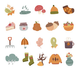 Autumn seasonal set in scandinavian style nature inspired featuring foliage, food, clothing, tools, weather symbols, plants for your illustration and creative designs projects