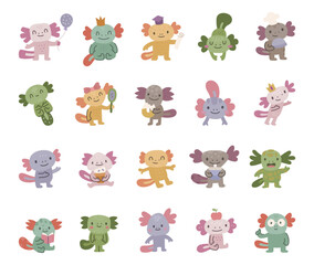 Obraz premium Axolotl character set in scandinavian style featuring adorable animals with graduation cap, glasses, balloon, book, food, drink, and charming poses for your creative designs projects
