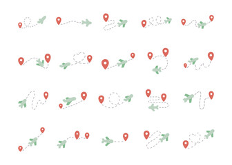 Airplane route direction set in scandinavian style with travel paths, dotted flight lines, location pins and aviation symbols for map navigation illustration and creative designs projects