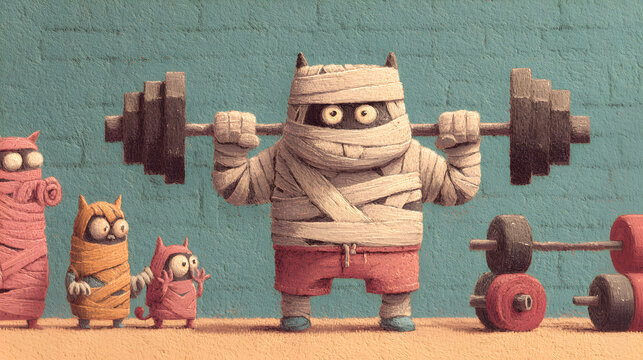 a mummy at the gym trying to lift weights