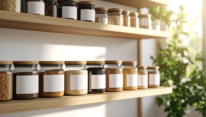 Wooden Shelves With Glass Jars Of Grains And Spices