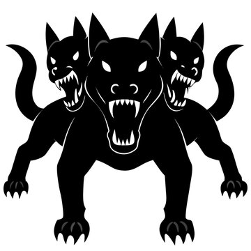 Symmetrical vector emblem of the fierce, three-headed hellhound Cerberus.