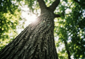 Fototapeta premium Sunlight Through Forest Canopy Illuminates Tree Trunk