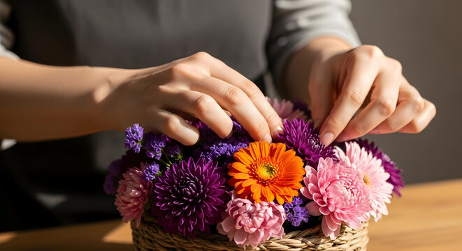 Close-up of hands arranging colorful flowers in a basket for floral decoration or gift arrangement with vibrant pink purple and orange blossoms on a wooden surface