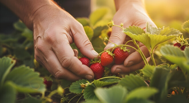 Close-up of hands harvesting ripe red strawberries from lush green strawberry plants in a sunny garden for fresh fruit picking and organic farming activities