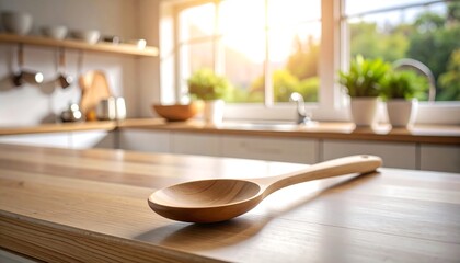 Wooden Spoon On Kitchen Counter With Sunlight