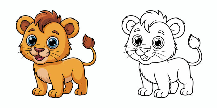 Cheerful Lion Cub Illustration: A playful cartoon lion cub, exuding charm, accompanied by a matching black and white outline for coloring books or design elements.