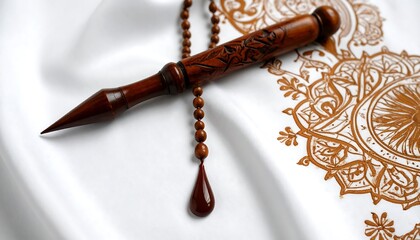 Wooden Stylus With Brown Pendant On White Fabric