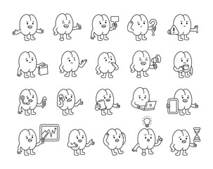 Coffee bean guide character set showing various emotions, holding signs, pointing, teaching, thinking and explaining ideas for yours illustration and creative designs projects