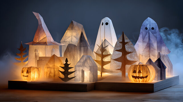 paper craft diorama, haunted Halloween village folded from shimmering origami paper
