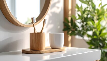Wooden Toothbrush Holder And White Mug On White Vanity