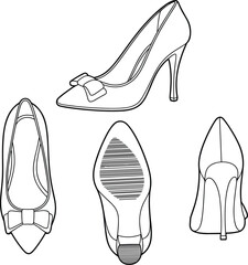 High heel shoe vector with bow detail, top, side, rear and sole views, stiletto style footwear illustration for fashion design and branding assets