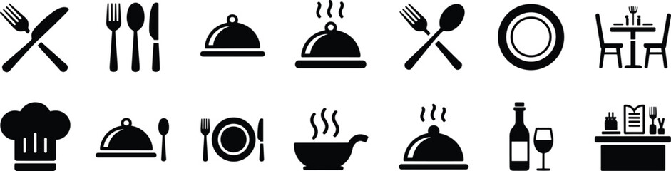 PRestaurant and dining icon vector set featuring utensils, chef hat, table setup, steam dish, wine glass, and plate visuals for culinary and hospitality themes