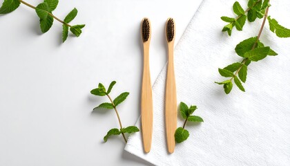Wooden Toothbrushes With Fresh Mint On White Background