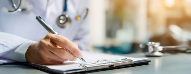 The doctor writes notes on a clipboard in a medical office setting.