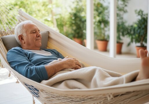 Senior man relaxing in a hammock at home - Powered by Adobe