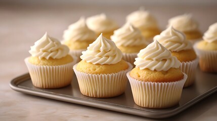 Batch of freshly baked vanilla cupcakes in white paper liners set in a vintage baking tray against a soft cream beige background