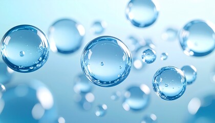 Close-up abstract background of floating water bubbles in clear liquid, illuminated with soft light reflections, creating a refreshing, airy, and dynamic underwater visual texture