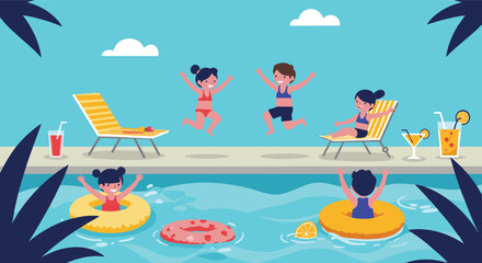 Happy children playing in swimming pool on summer day