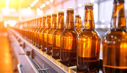 Amber beer bottles on a factory conveyor belt.  Sunlight highlights the production line