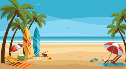 Naklejka premium Vibrant Tropical Beach Scene with Surfboards and Palm Trees